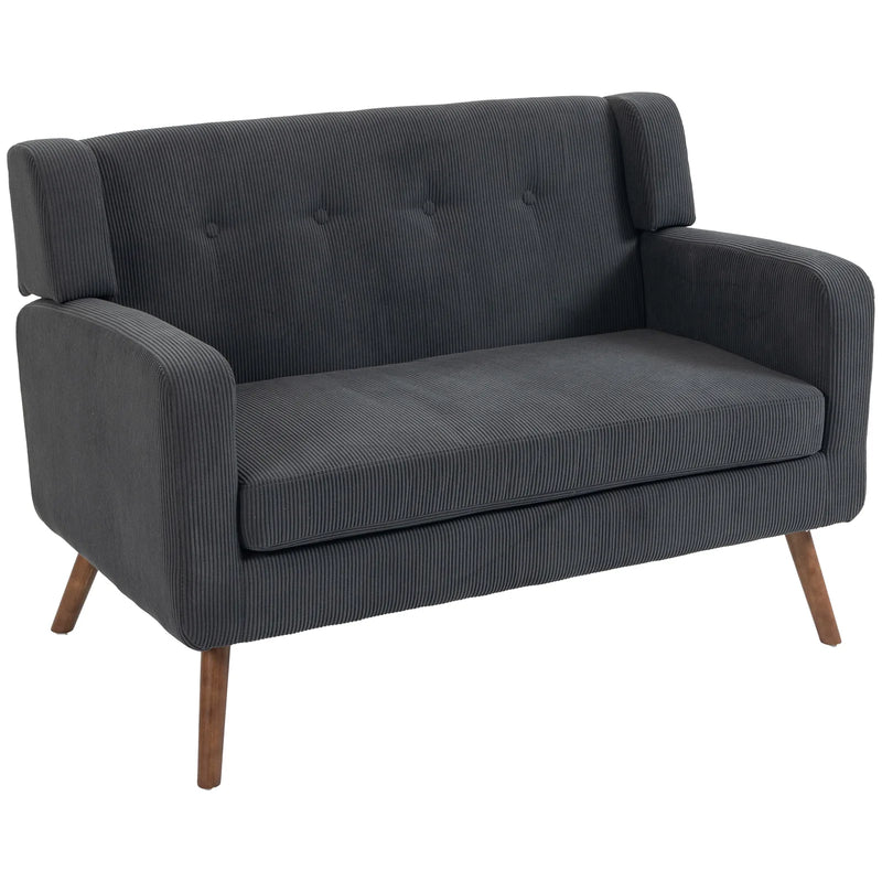HOMCOM 2 Seater Sofa, 118 cm Corduroy Small Loveseat with Spring Cushion, Wood Legs for Small Space, Living Room, Dark Grey