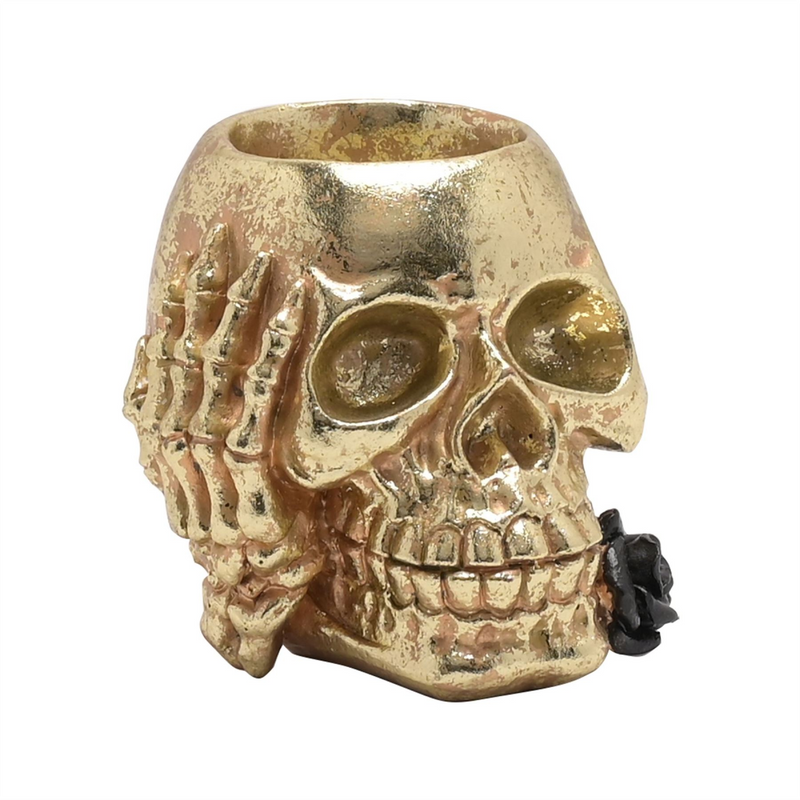 Gold Skull with Black Rose Tealight Holder