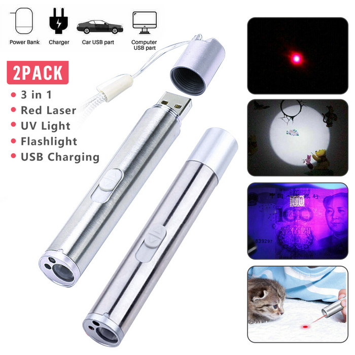 2PCS 3 in1 1mw USB Rechargeable Pet Toy Pen Flashlight Red laser Beam UV Light 3-Modes Lamp