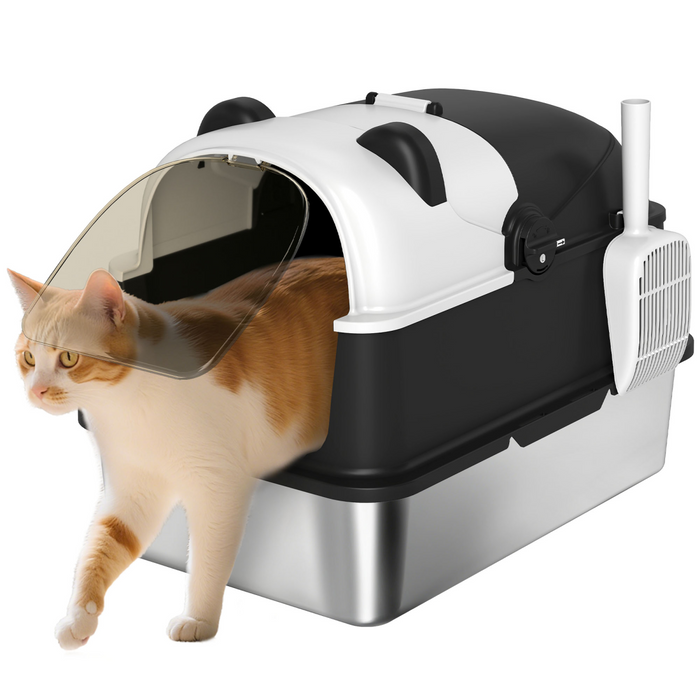PawHut XL Stainless Steel Litter Box Tray with Lid, Panda Style