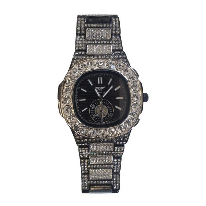 NY LONDON GENTS BLING WATCH PI-7644 SILVER-BLACK