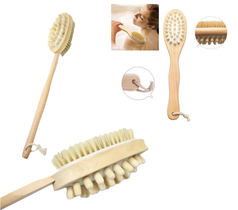 Bath Brush Long Wood Double Sided Handle Body Shower Bristle Massage