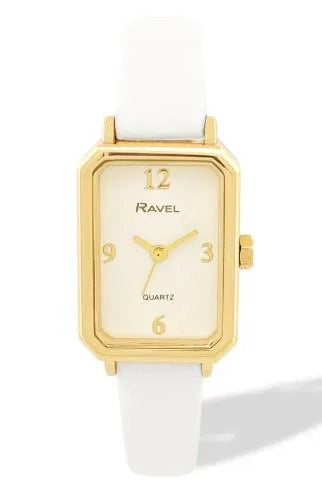 Ravel Ladies Fashion Rectangular Gilt Case Dial with White Leather Strap Watch