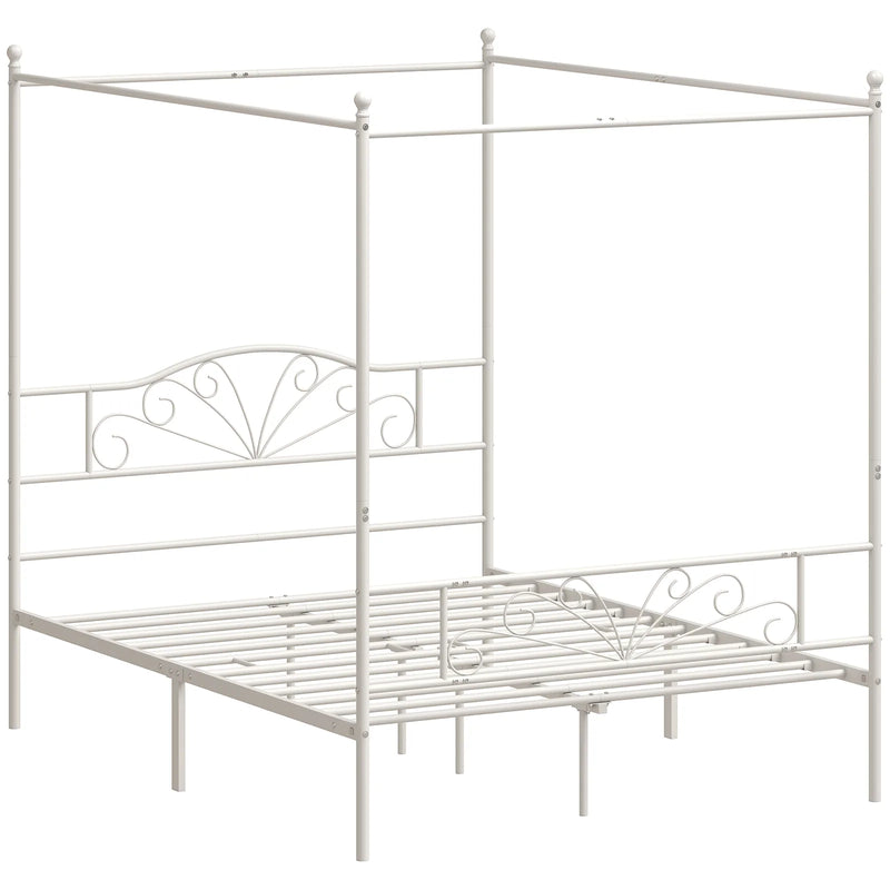 HOMCOM Canopy Bed Frame Double Size, Metal Platform Bed Frame with Headboard and Footboard, Underbed Storage, White