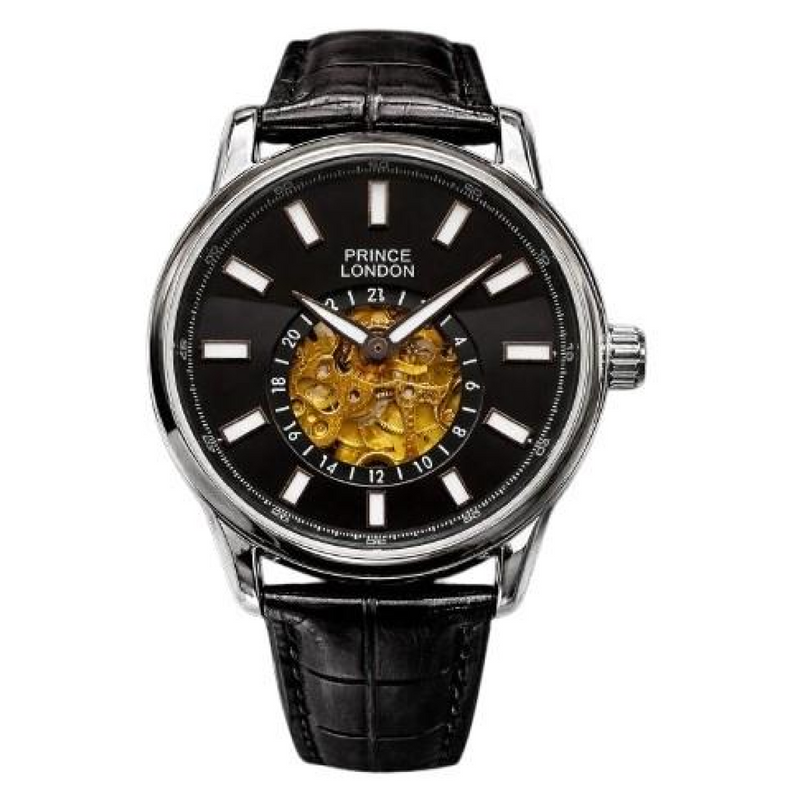 NYL Mens Fashion Automatic Leather Mechanical Round Face Dial Analogue Silver/Black Leather Strap Watch NY London