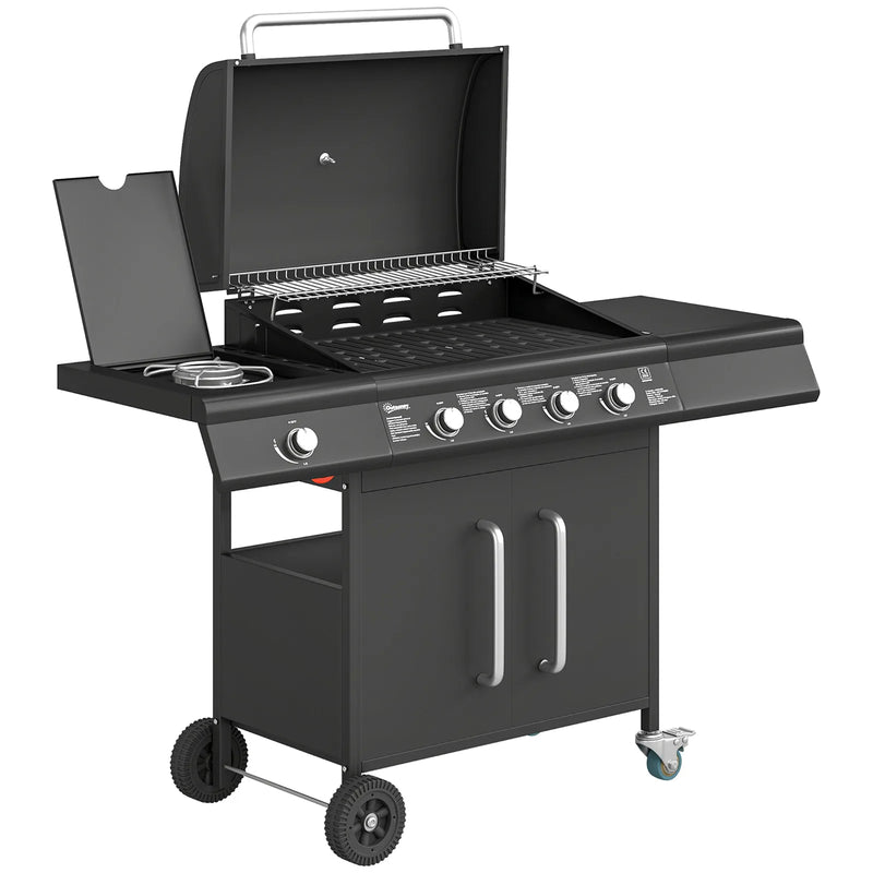 Outsunny 4 Burner Gas BBQ Grill with Storage Cabinet, 15.2 kW Gas Barbecue Trolley with Side Table, 4 Wheels, Warming Rack