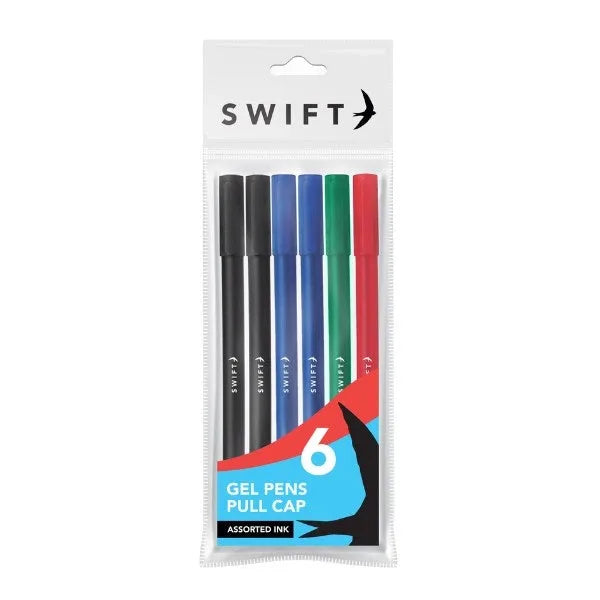 Pull Cap Gel Pens Pack Of 6 Assorted Colours
