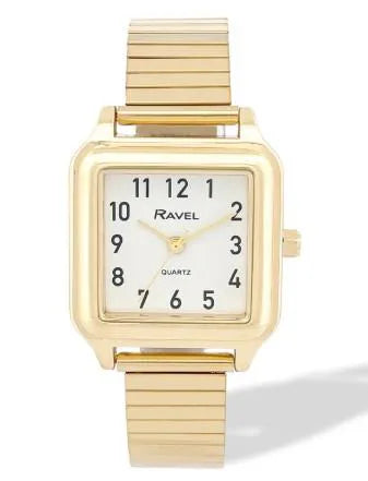 Ravel Ladies Basic Easy Read Square White Dial Golden Stainless Steel Expander Bracelet Watch
