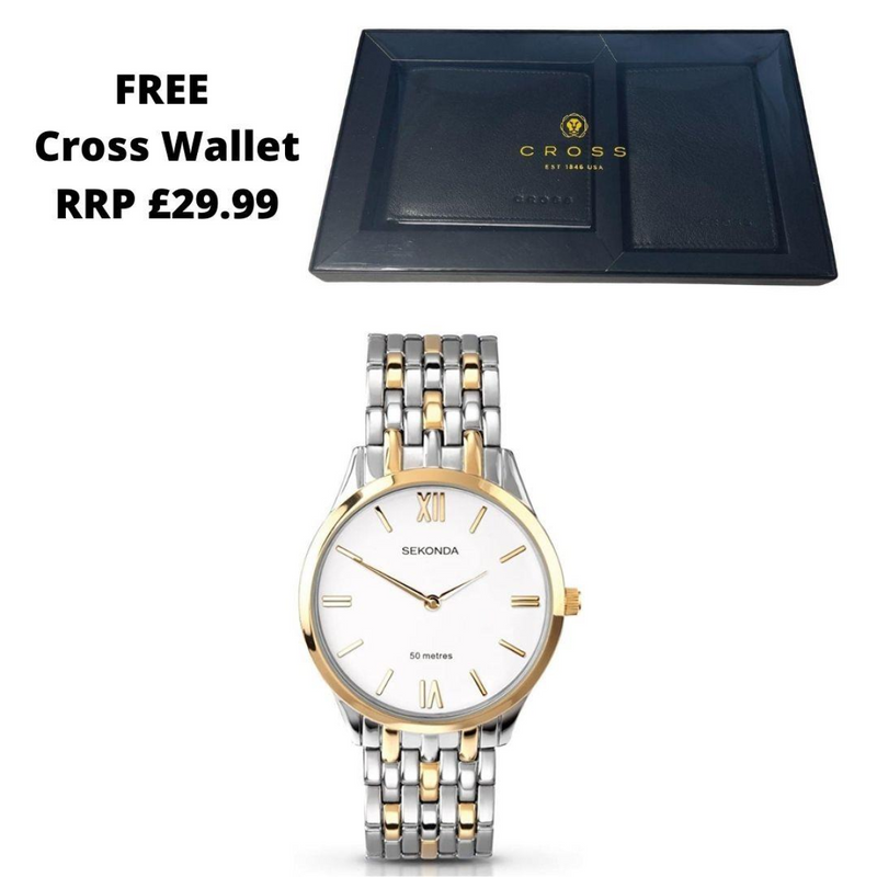 Sekonda Classic White Dial Two Tone Stainless Steel Bracelet Mens  Watch +Cross Luxury Insignia Express 2 Piece Set Leather Wallet with Credit Card Case - Black