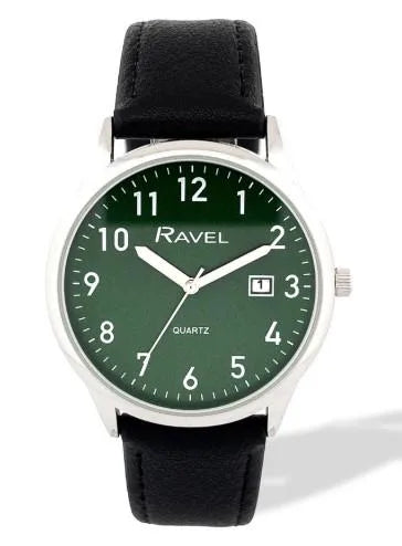 Ravel Mens Basic Silver case Dated Green Dial With Black Faux Leather Strap Watch
