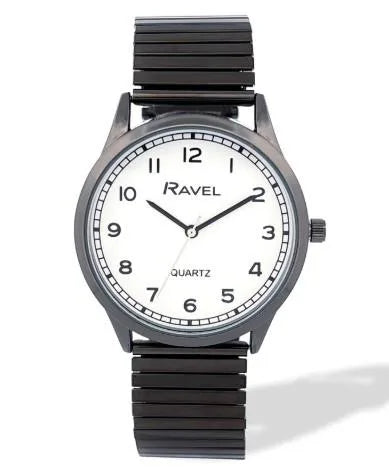 Ravel Mens Basic Easy Read Minute Track on White Dial Black Stainless Steel Expander Bracelet Watch