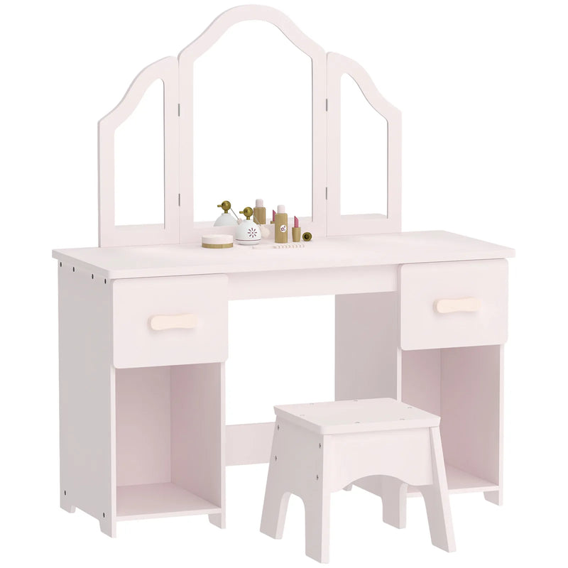 AIYAPLAY Kids Dressing Table, Kids Vanity Table and Chair Set with Tri-Folding Mirror, 2 Drawers, 2 Cabinets for Girls 3, Pink