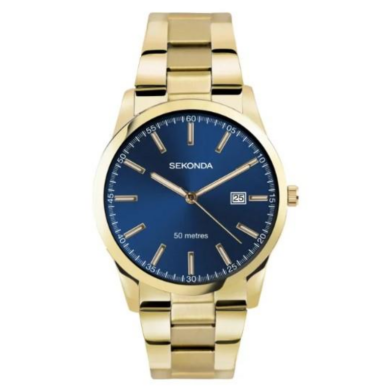 Sekonda Mens Fashion Dated Blue Dial Gold PVD Stainless Steel Bracelet Watch