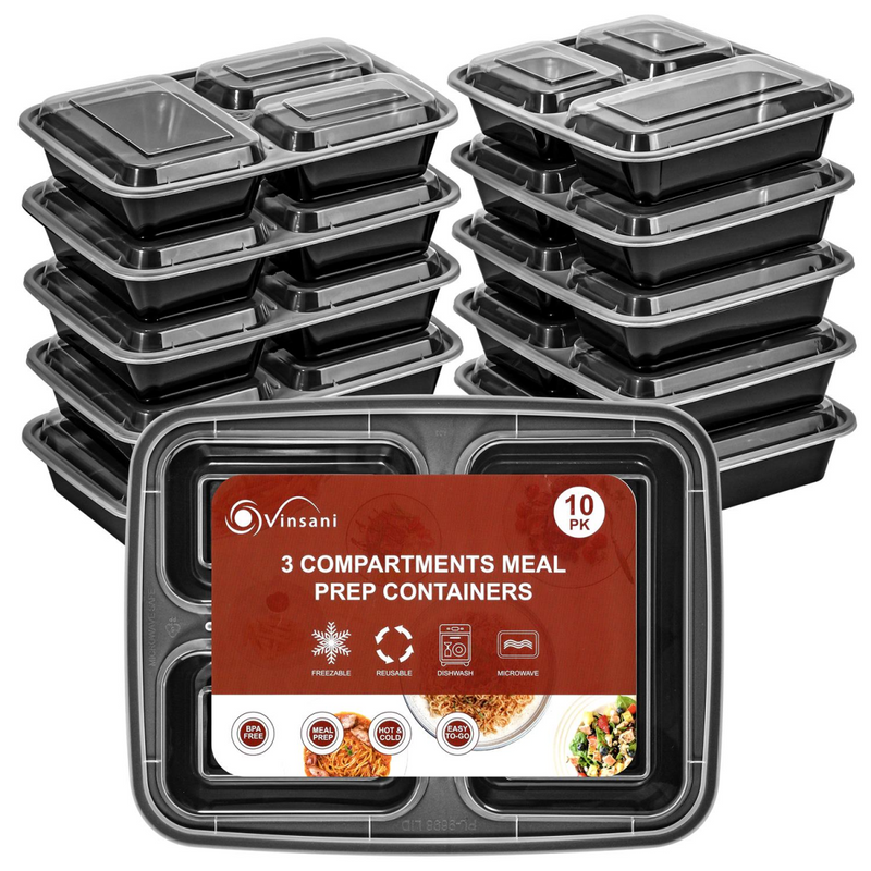 VINSANI 10pk 3 COMPARTMENTS MEAL PREP CONTAINERS 1010425 X 3