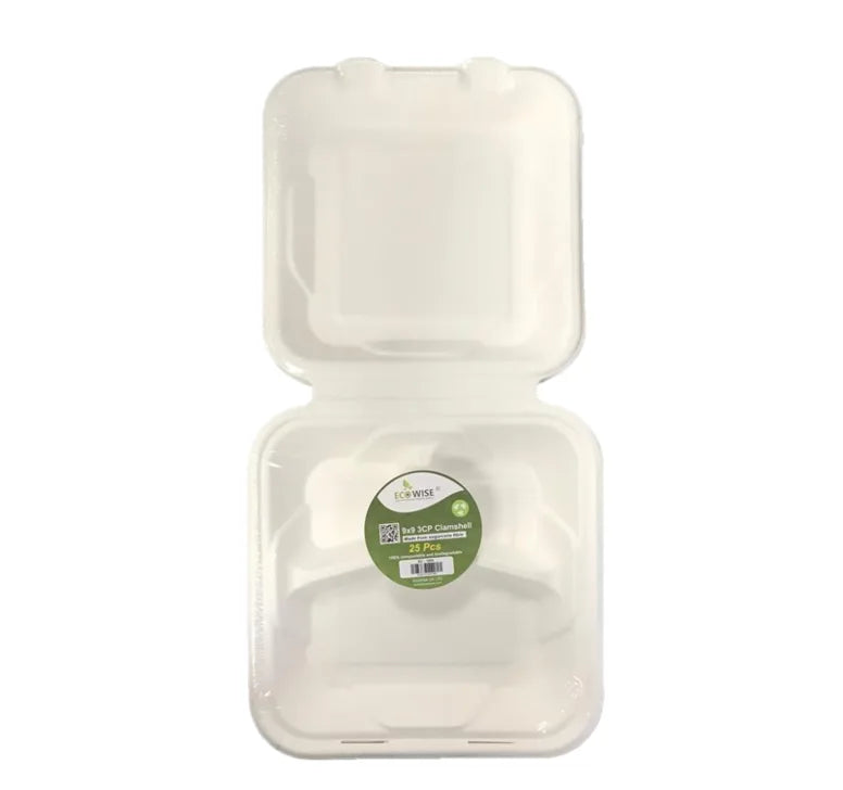 Disposable Compostable Eco – Bio Bagasse Sugarcane Clamshell Burger Bo x 3 Compartment Pack Of 25
