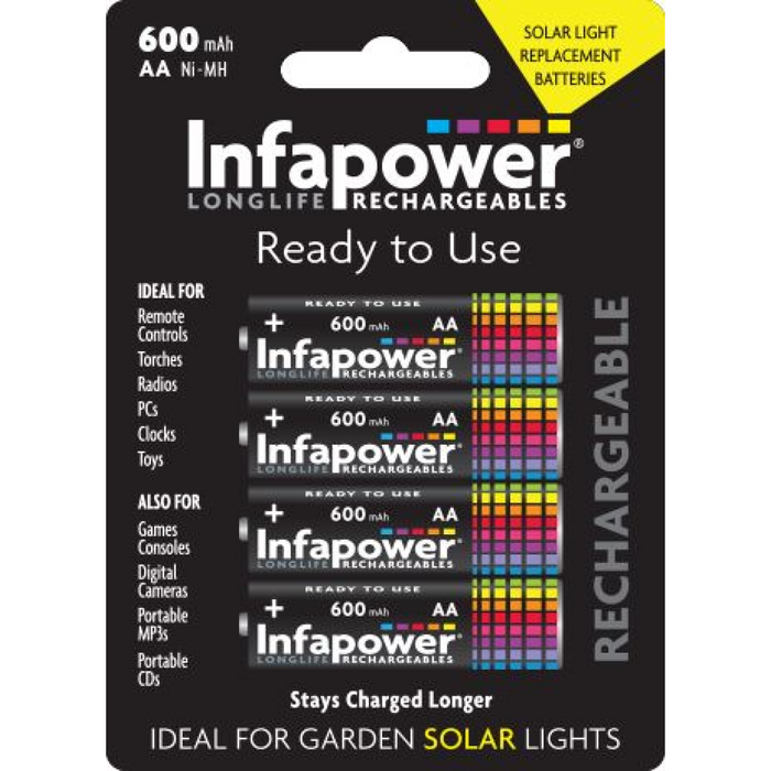 Infapower Rechargeable Batteries AA 600mAh (4pcs) Ni-Mh  (Ideal for Garden Solar lights)