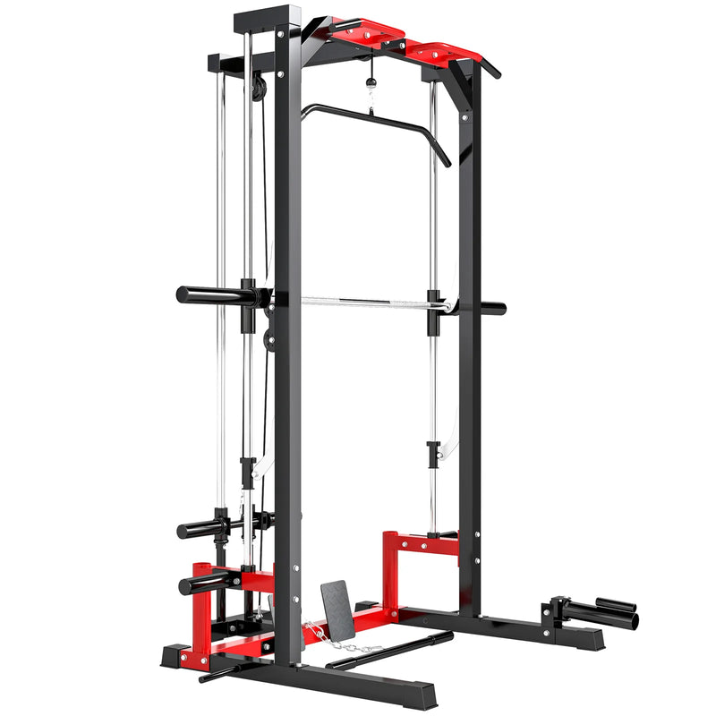 SPORTNOW Cable Crossover Machine, Multi-Function Power Rack with Pull Up Bar, Lat Pull Down System, Squat Rack, Barbell Bar