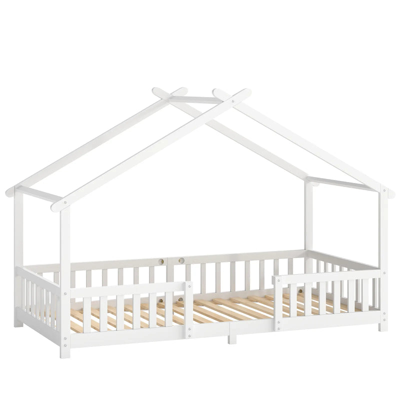 AIYAPLAY Wooden Kids House Single Bed Frame, Solid Pine Wood Toddler Bed with Dual Guardrails for Children, Boys, Girls, White