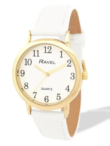 Ravel Ladies Basic Medium Gilt Case White Dial White Leather Strap Watch
