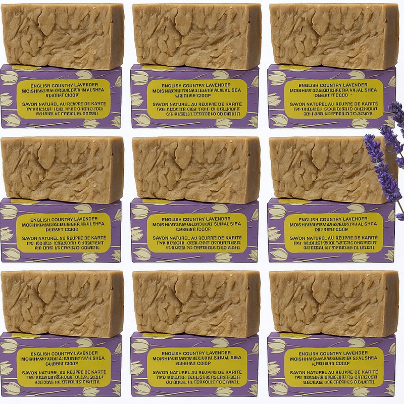 12 Bars of Country Lavender Natural Handmade Soap with Organic Unrefined, Fair Trade Shea Butter, Coconut and Olive Oil (115-135g)