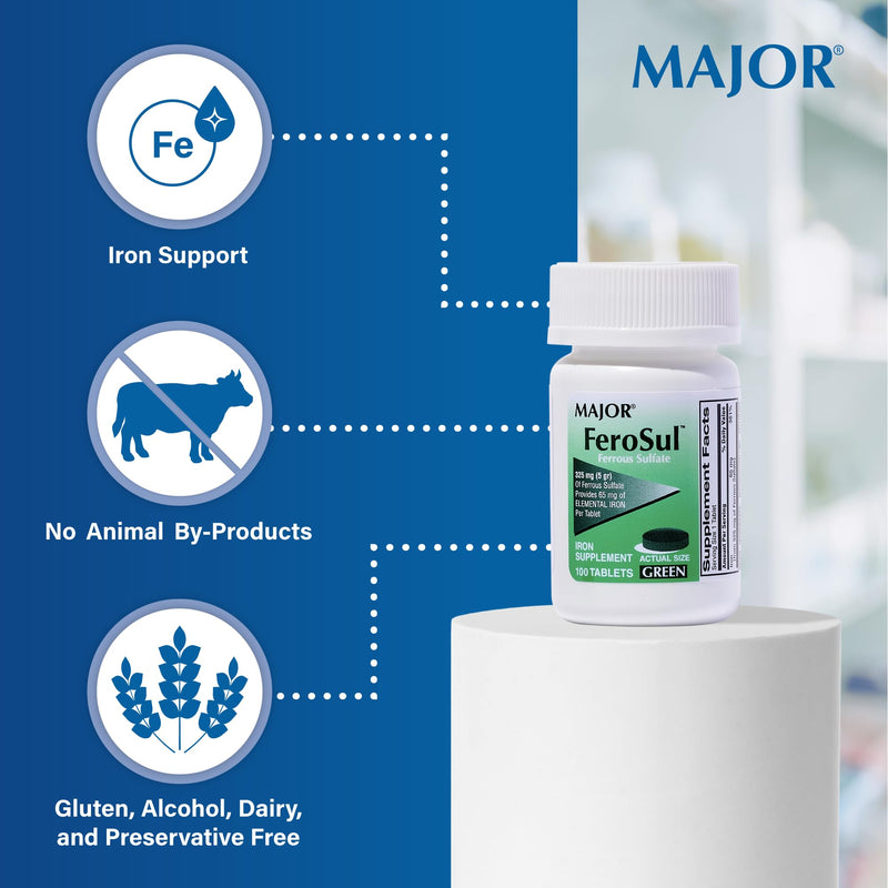 Major Ferosul 325mg Ferrous Sulate – Green Tablets (100 ct)