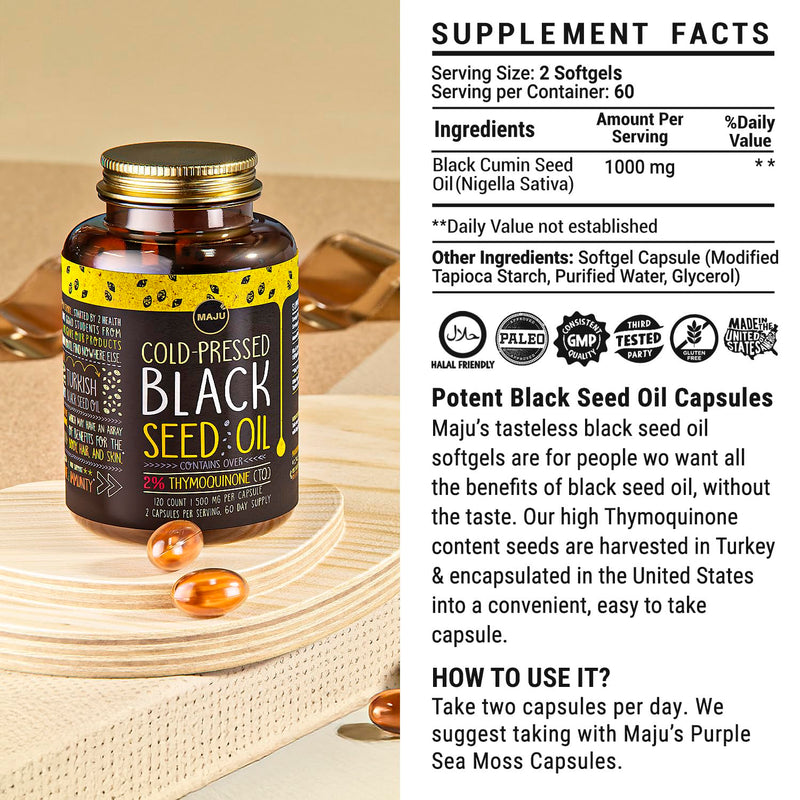 Maju Superfoods Black Seed Oil Capsules – 2% Thymoquinone, 120x500mg, Cold-Pressed Turkish Nigella Sativa (2-Pack)