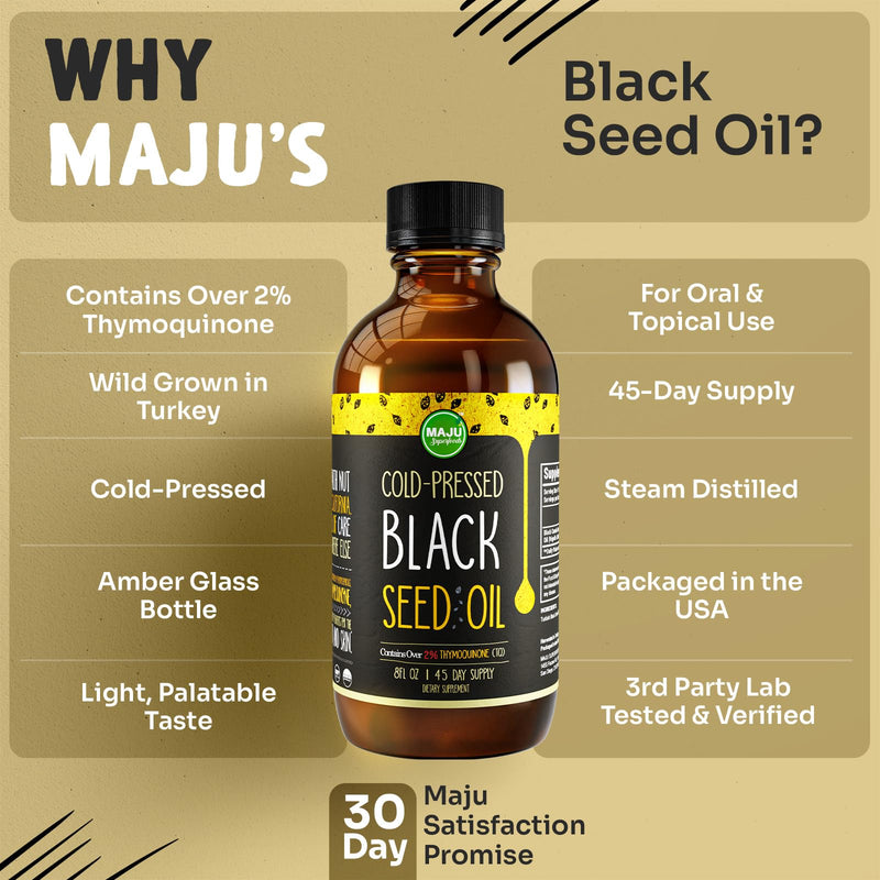 MAJU Black Seed Oil 8 oz – Cold-Pressed Turkish Black Cumin, 3x Thymoquinone, Liquid Pure Blackseed Oil