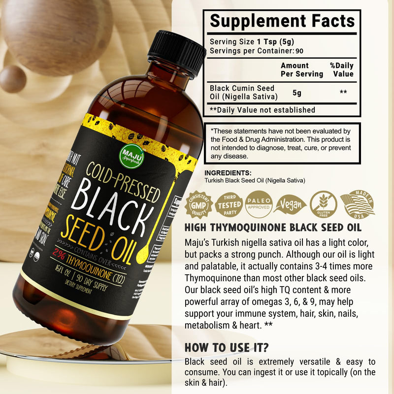 MAJU Black Seed Oil 16oz – 3X Thymoquinone, Cold-Pressed Turkish Nigella Sativa