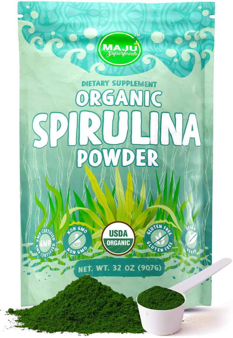 MAJU Organic Spirulina Powder (2 lb) – Jumbo Size, Non-GMO, Vegan, Gluten-Free