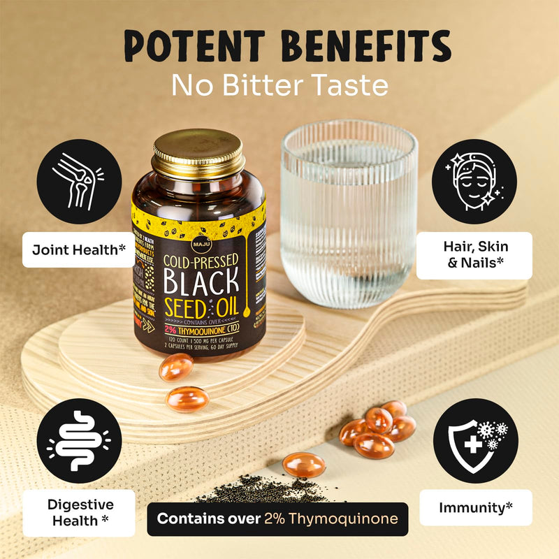 Maju Superfoods Black Seed Oil Capsules – 2% Thymoquinone, 120x500mg, Cold-Pressed Turkish Nigella Sativa (2-Pack)