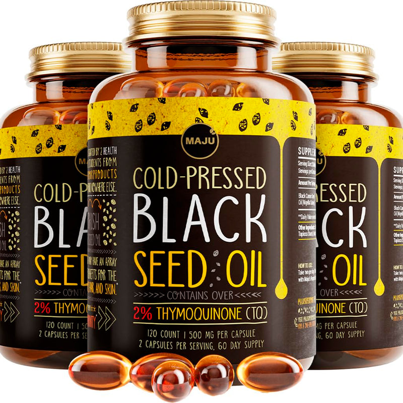 Maju Superfoods Black Seed Oil Capsules – Organic Turkish Nigella Sativa, Cold-Pressed, 2% Thymoquinone, 120 Count (3-Pack)