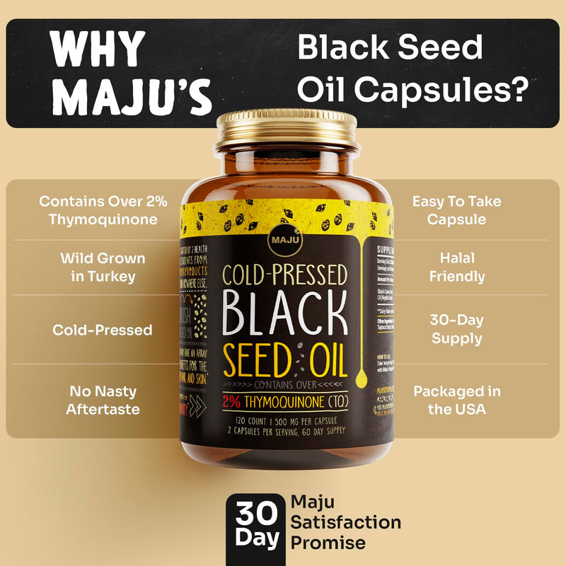 Maju Superfoods Black Seed Oil Capsules – 120 Count, 500mg, Cold-Pressed Nigella Sativa, 2% Thymoquinone, Organic Turkish Black Cumin