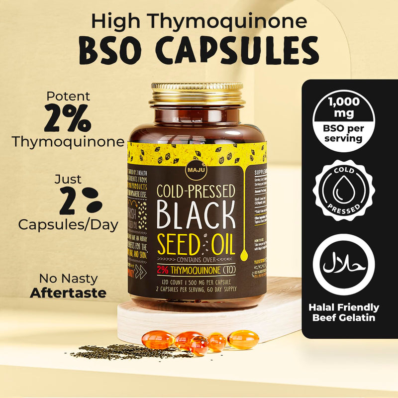 Maju Superfoods Black Seed Oil Capsules – 120 Count, 500mg, Cold-Pressed Nigella Sativa, 2% Thymoquinone, Organic Turkish Black Cumin