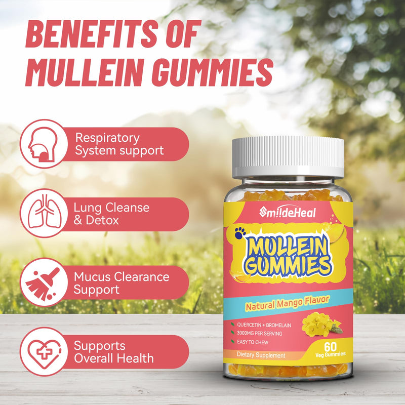 2 Pack Mullein Gummies 3000MG, Sugar Free Mullein Gummies with Bromelain & Quercetin, Mullein Leaf Extract Supplements for Lungs, Vegan, 120 Count