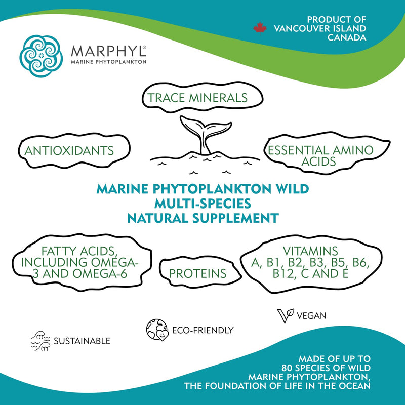 MARPHYL Marine Phytoplankton – Wild Multi-Species Supplement, 150 mg per Capsule, 30 Vegan Capsules | Vancouver Island, Canada