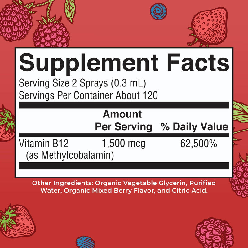 MaryRuth Organics Vitamin B12 Liquid Spray | Vegan, Non-GMO, Gluten-Free | USDA Organic Supplement | Energy & Nervous System Support | B12 Vitamins for Women & Men | 1,500 mcg | 1 Fl Oz