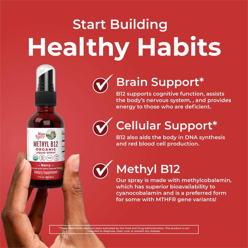 MaryRuth Organics Vitamin B12 Liquid Spray | Vegan, Non-GMO, Gluten-Free | USDA Organic Supplement | Energy & Nervous System Support | B12 Vitamins for Women & Men | 1,500 mcg | 1 Fl Oz