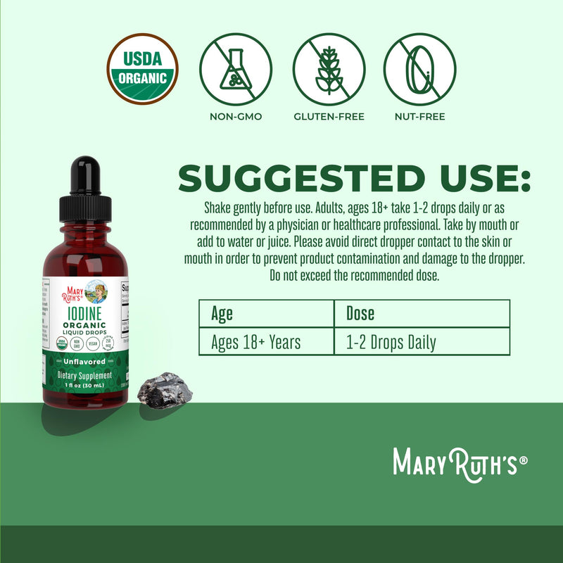 MaryRuth Organics Iodine Liquid Drops | Potassium Iodide, 1oz, 450 Servings, 1-Year Supply | Thyroid Health, USDA Organic, Vegan, Non-GMO, Gluten Free