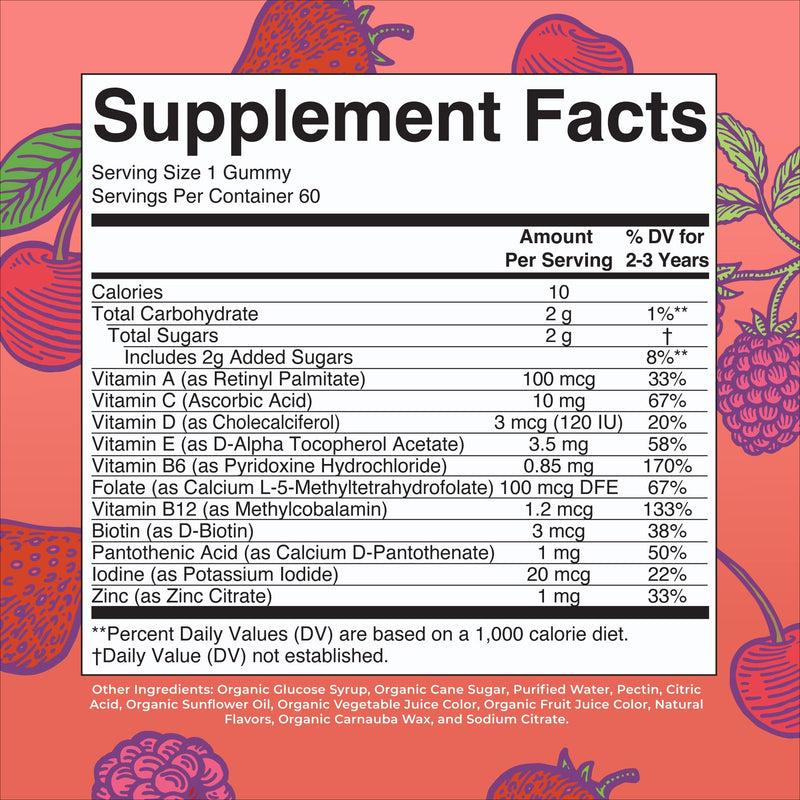 MaryRuth Organics Vitamin Gummy for Kids 2+ | USDA Organic Toddler Multivitamin with Vitamin C, D3 & Zinc (Berry & Cherry) | 2 Month Supply