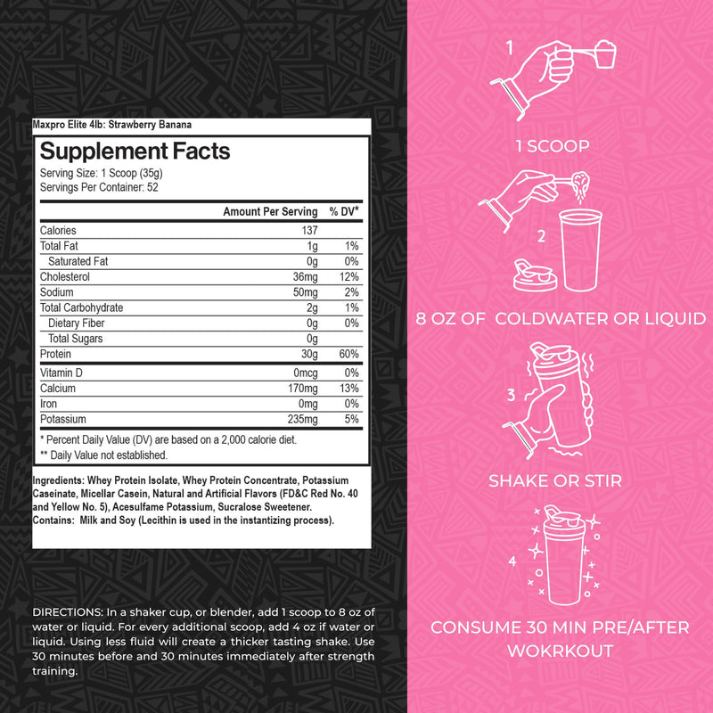 Max Muscle MaxPro Elite Whey Protein Powder – 30g Protein, 0g Sugar, 6.6g BCAAs, Strawberry Banana (4lb)