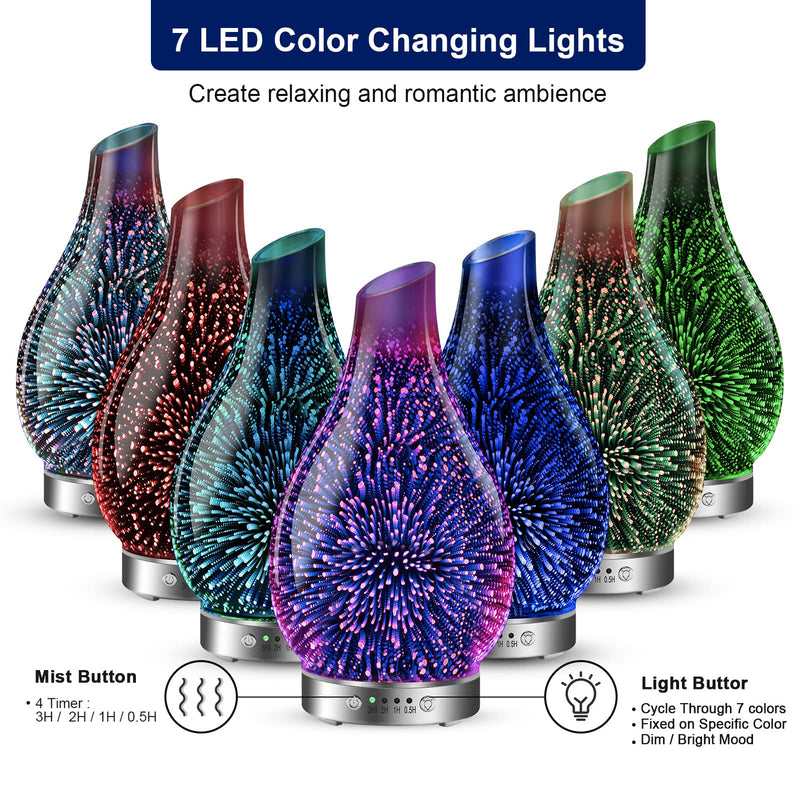MAXWINER 120ml Ultrasonic 3D Glass Essential Oil Diffuser – Auto Shut-Off, 7 Color LED