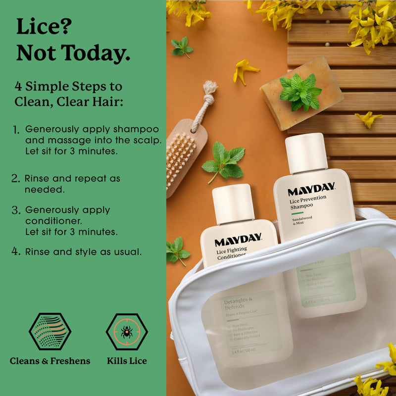 MAYDAY 3.4oz Lice Prevention Shampoo & Conditioner Bundle — Sandalwood & Mint, Non-Toxic