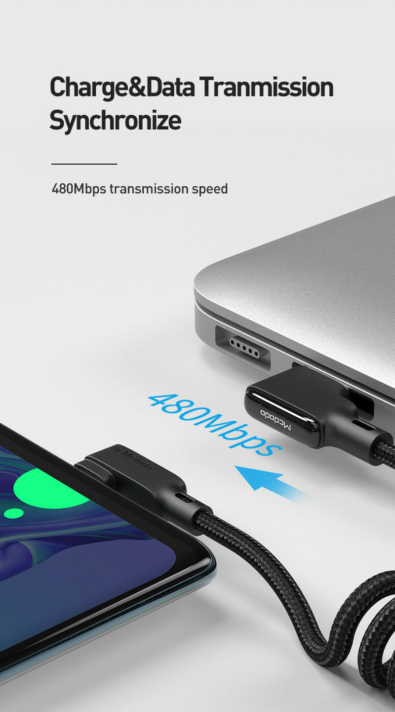 Mcdodo Right Angle Spring Coil USB-C Fast Charger Cable 3A Charging 1.8m