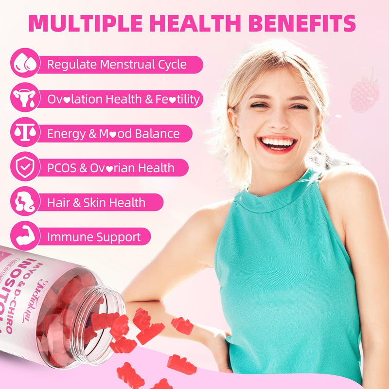 Myo-Inositol & D-Chiro Inositol Gummies 40:1 – 2000mg/50mg + Vitamin D3 & B12, Sugar Free Raspberry, 120 Count