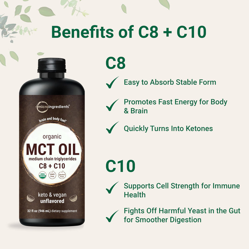 MCT Oil Organic, 32 fl oz – 100% Virgin Coconut Oil with C8 & C10 Fatty Acids | Unflavored, Keto, Vegan