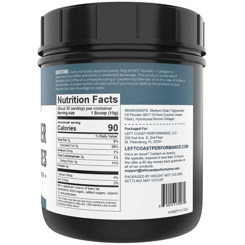 Left Coast Performance MCT Oil Powder with Acacia Fiber & Collagen Peptides – Prebiotic Collagen Protein, 10g MCTs from Coconut, Sugar Free Keto Coffee Creamer, Grass Fed, Unflavored, Gluten Free, 16 oz