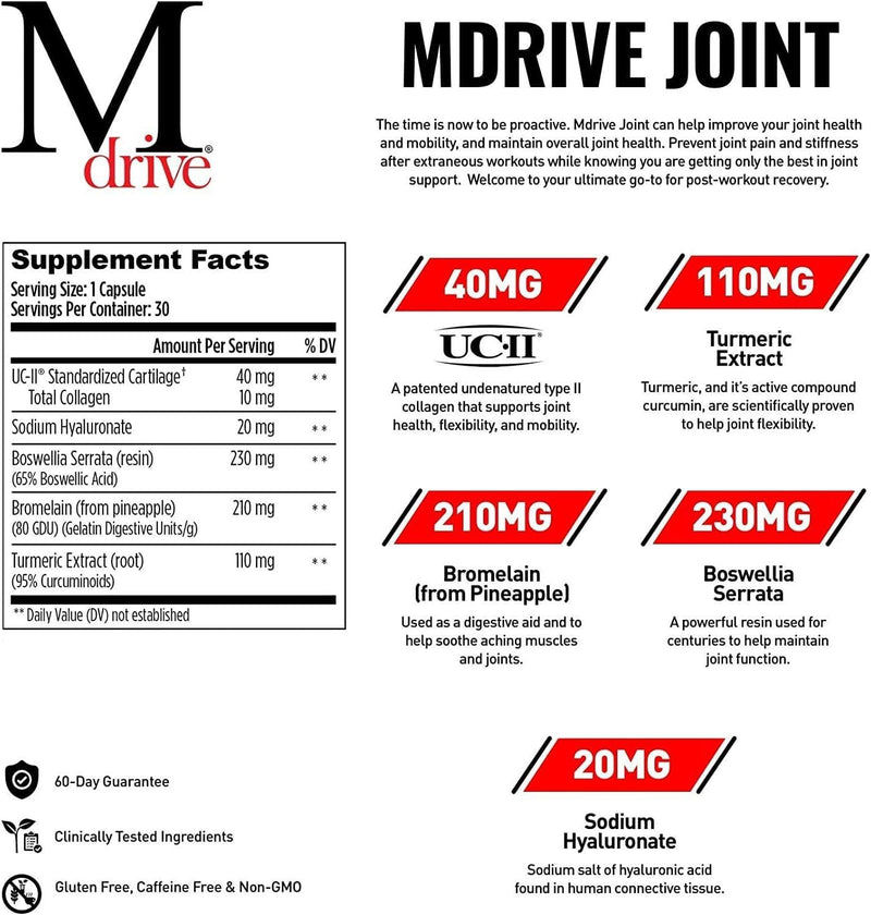 Mdrive Joint Support for Men – UC-II Collagen, Turmeric & Hyaluronic Acid – 30 Count
