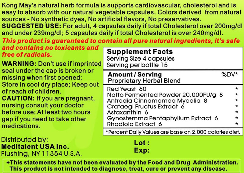 Meditalent Kong May Herbal Supplement — Red Yeast Rice, Natto Fermented Powder & Antrodia Mushrooms, 60 Capsules