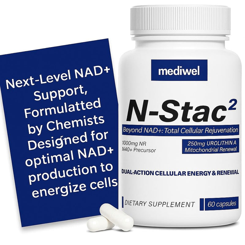 MEDIWEL N-Stac2 NAD+ Supplement – 1000mg NR + Urolithin A, 60 Capsules