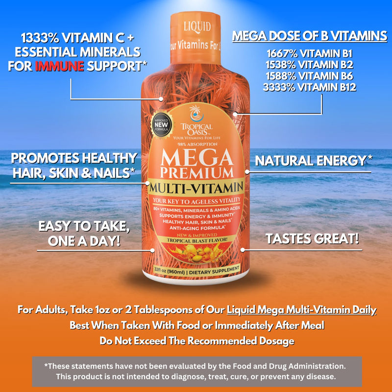 Tropical Oasis Mega Premium Liquid Multivitamin – 1333% Vitamin C, 200% Vitamin D3, Zinc | 32 Servings | Sugar Free | Orange
